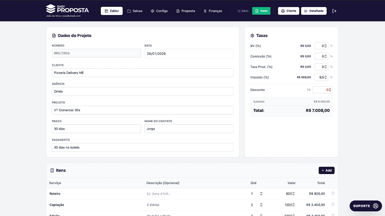 Editor de Propostas de Vídeo com Cálculo Automático